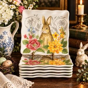 Maxcera Spring Collection Bunny Rabbit Floral 8.5" Plates Set of 6 Easter